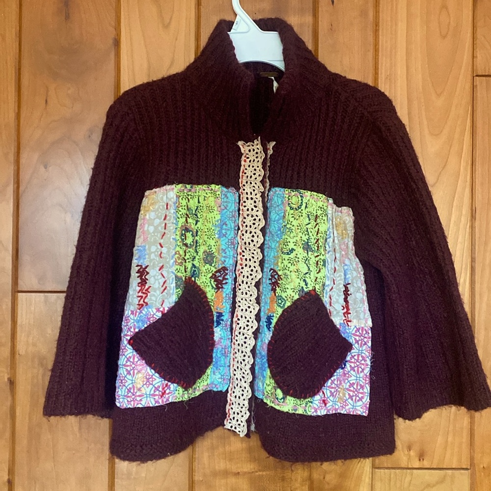 Free People baby doll cropped patchwork cardigan
